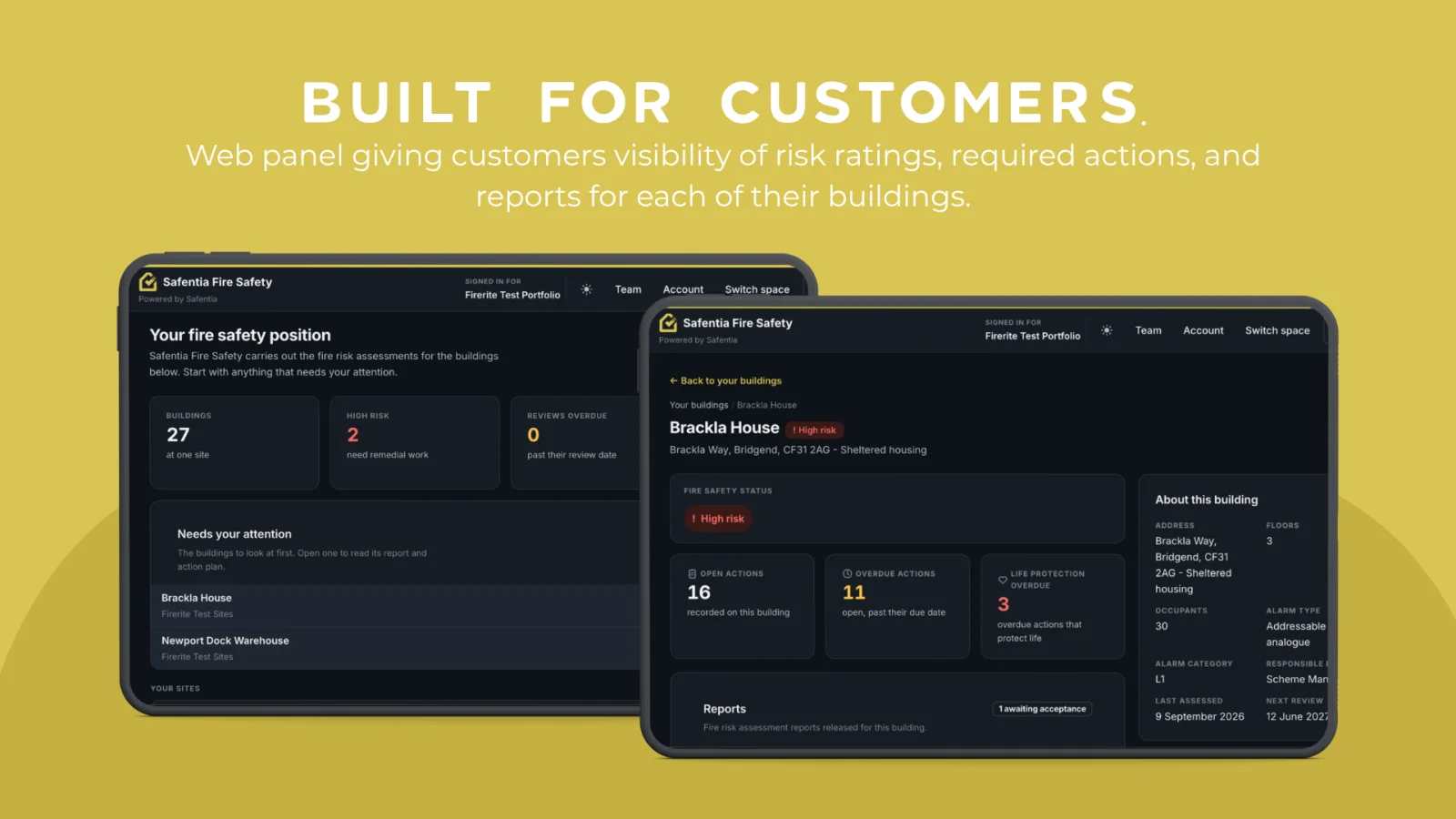 Safentia customer portal showing fire safety position and building risk status